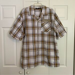Red Ape Mens 3XL Tan and Brown Plaid Button Down Short Sleeve.  M1
